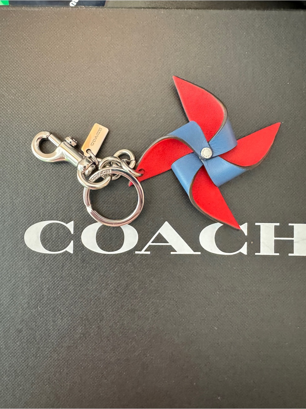 New Coach Leather Red & Blue Pinwheel Keychain